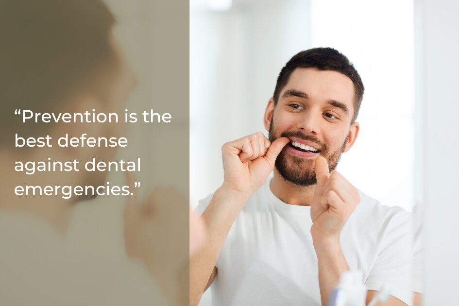 A man stands in front of a mirror flossing his teeth, with a quote on the left stating, "Prevention is the best defense against a dental emergency. For immediate care in Austin Texas, don’t wait—take action today.