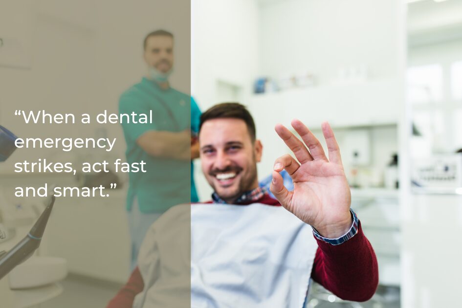 A man sits in a dental chair smiling and holding up an object while a dentist stands in the background; a quote about immediate care during a dental emergency in Austin, Texas is overlaid on the left side.