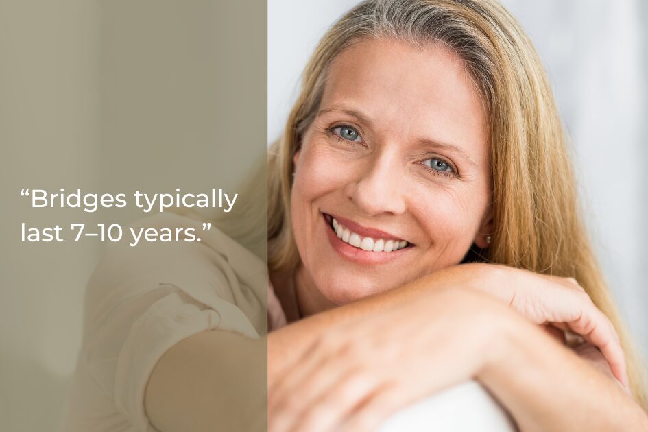 Smiling woman resting her arms and head on a surface, next to text stating, "Dental Bridges typically last 7–10 years.