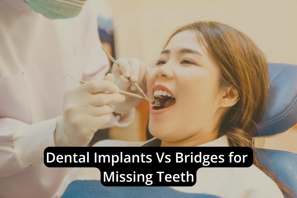 A dentist examines a woman’s teeth in a dental chair, with text overlay: “Dental Implants and Bridges: Solutions for Missing Teeth.”.