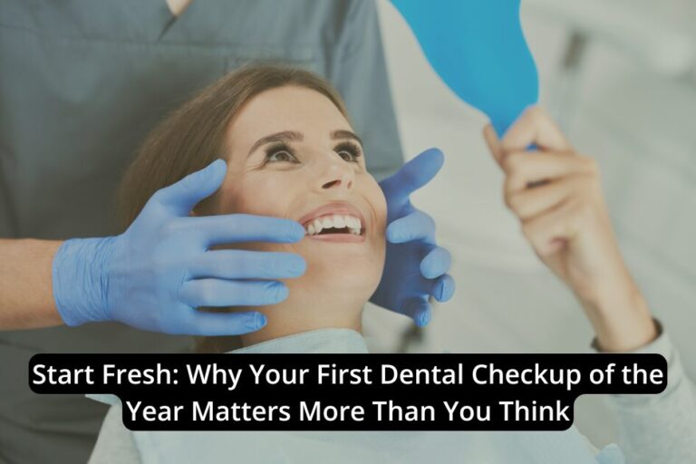 A dentist wearing gloves examines a smiling woman who is holding a mirror, highlighting the importance of dental health with an informational dental care headline overlayed.