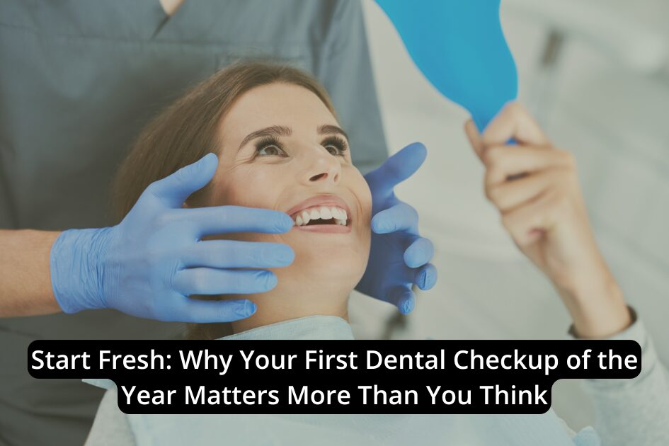 A dentist wearing gloves examines a smiling woman who is holding a mirror, highlighting the importance of dental health with an informational dental care headline overlayed.