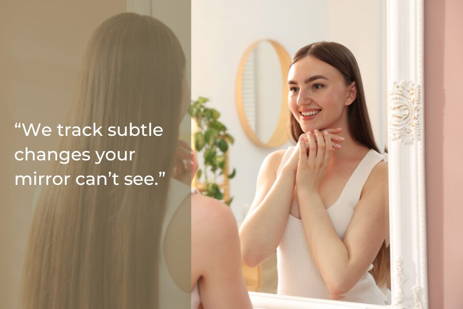Woman with long brown hair smiles at her reflection in a mirror; overlayed text reads, "We track subtle changes your dental health checkup can’t see.