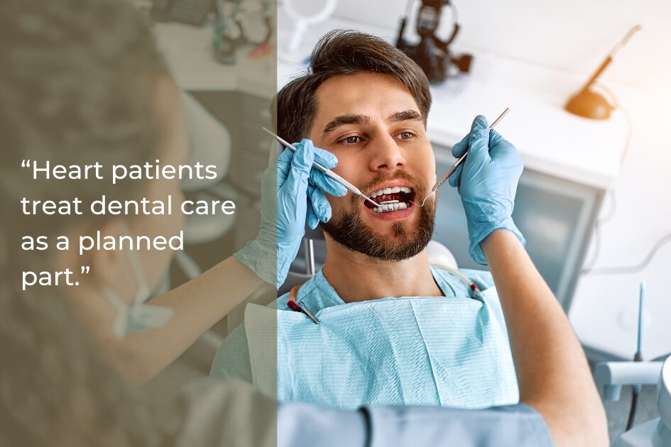 A man sits in a dental chair with a bib while a dentist examines his mouth using dental instruments. A quote about gum health and heart health appears on the left, highlighting awareness for American Heart Month.